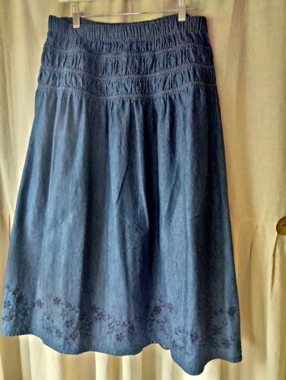 Smocked Waist Denim-Effect Midi Skirt in Blue